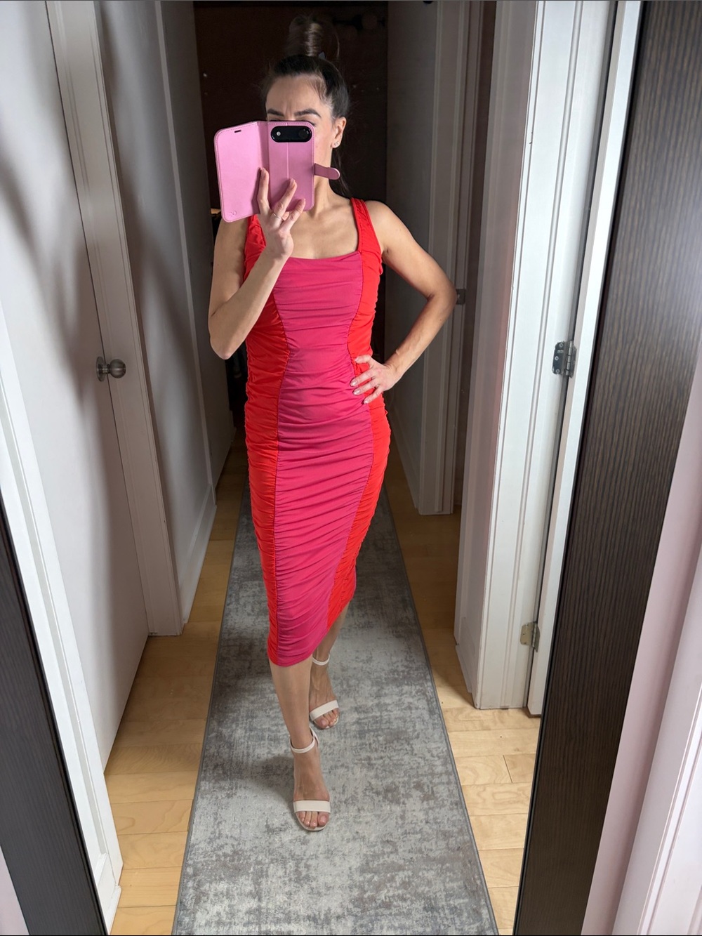 ASOS Two-Tone Ruched Midi Dress in Pink & Red